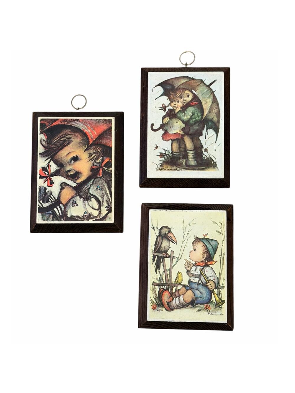 VINTAGE Set of Three Hummel Prints on Wood Plaque Art Wall Decor 6.5" x 5"